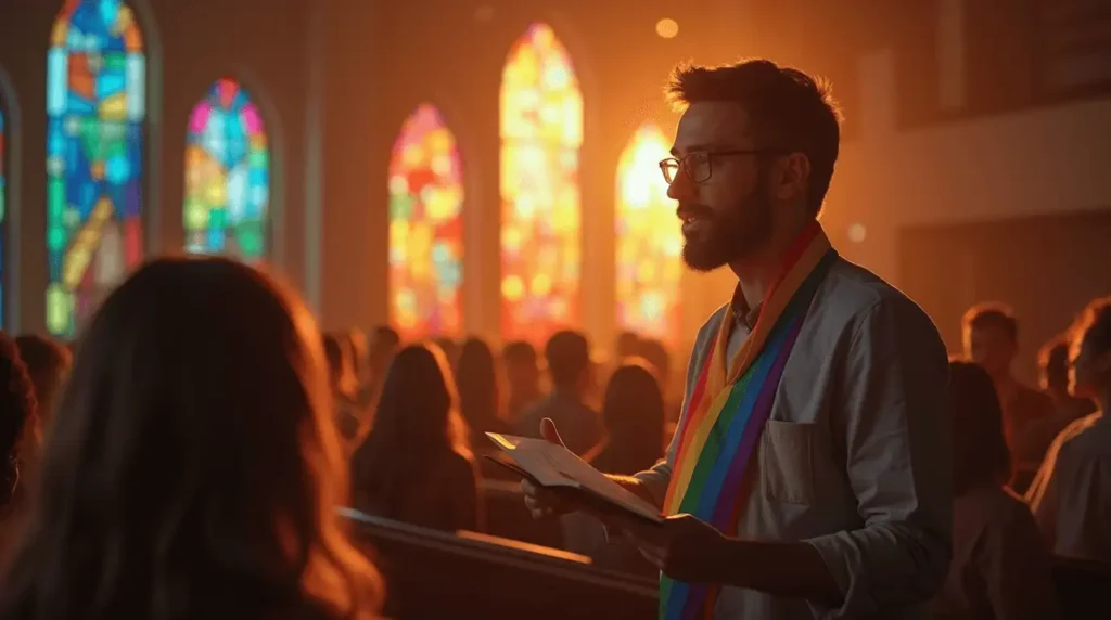 A pastor wearing a rainbow stole preaching to a diverse congregation in a church with stained glass windows and warm sunlight.