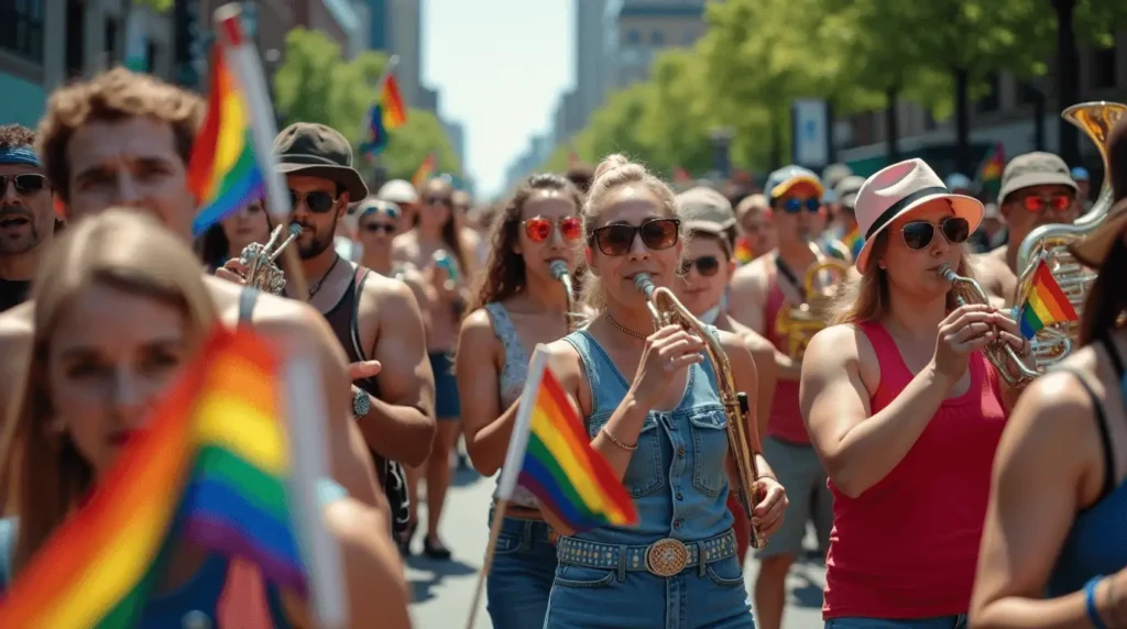 A diverse LGBTQ marching band performing during a pride parade in Atlanta, with musicians holding rainbow flags and playing brass instruments.