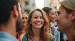Diverse LGBTQ+ youth at IDAHOBIT 2025 digital rally holding pride flags and smartphones