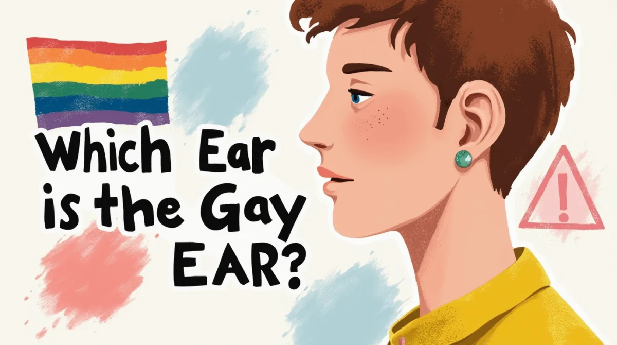 Illustration of a person with short brown hair and a visible ear piercing on the right ear, with the text "Which Ear is the Gay Ear?" and a rainbow flag in the background.