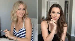 Two smiling women, one blonde wearing a striped top and the other brunette in a black top, seated comfortably indoors.