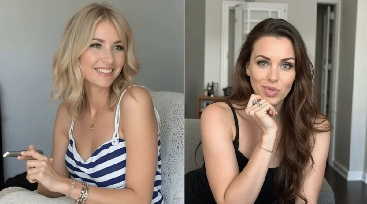 Two smiling women, one blonde wearing a striped top and the other brunette in a black top, seated comfortably indoors.