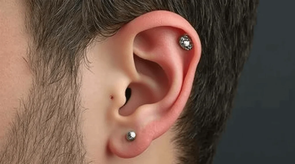 Close-up of a man's right ear with two silver stud piercings