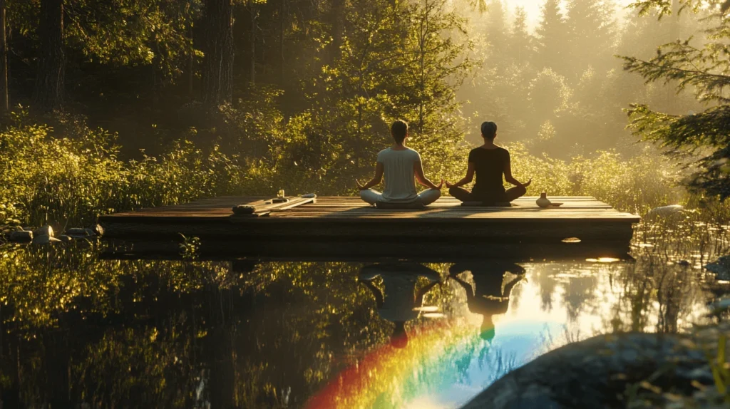 LGBTQ+ wellness retreats forest meditation with rainbow reflection