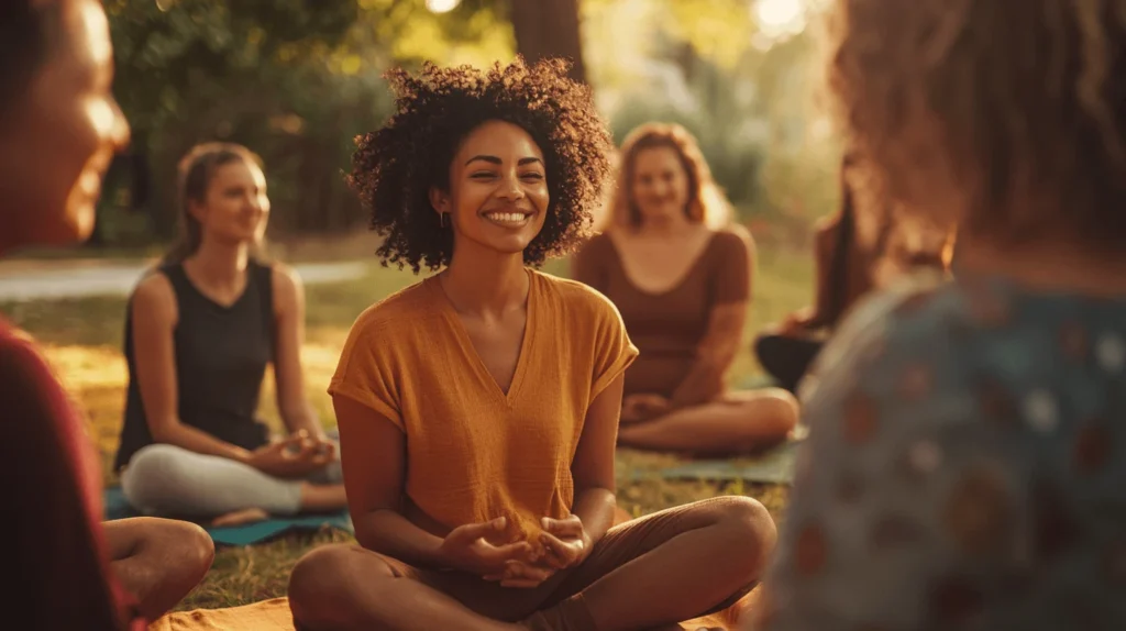Diverse group at LGBTQ+ yoga retreat USA