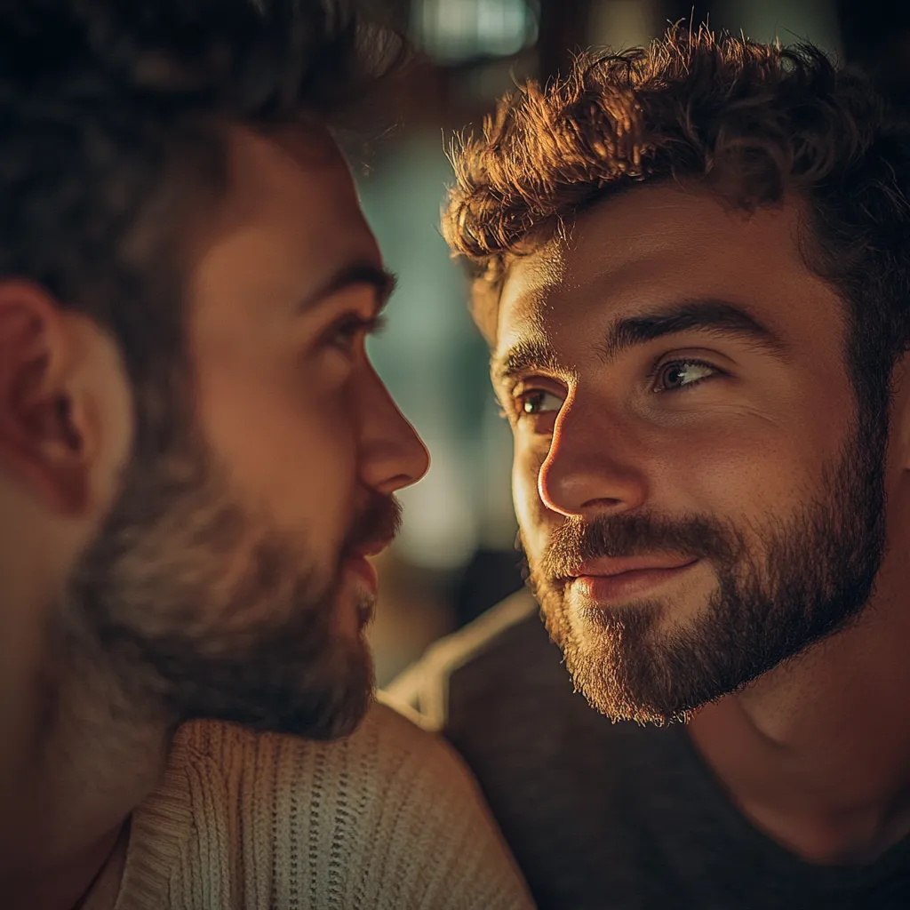 Gay male couple discussing marriage stability