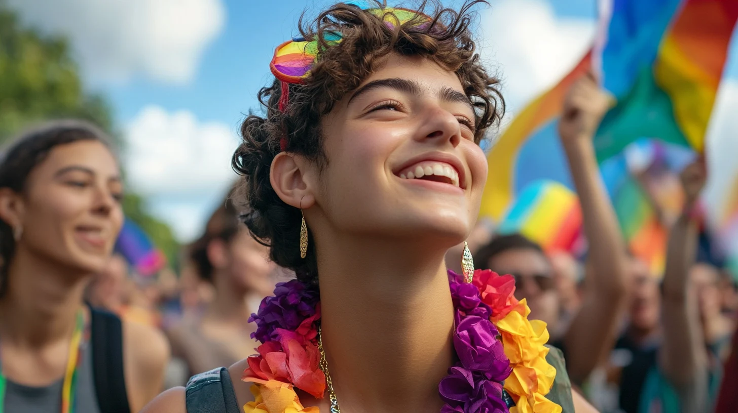 Smiling person at LGBTQ Pride parade wearing rainbow accessories and flower lei