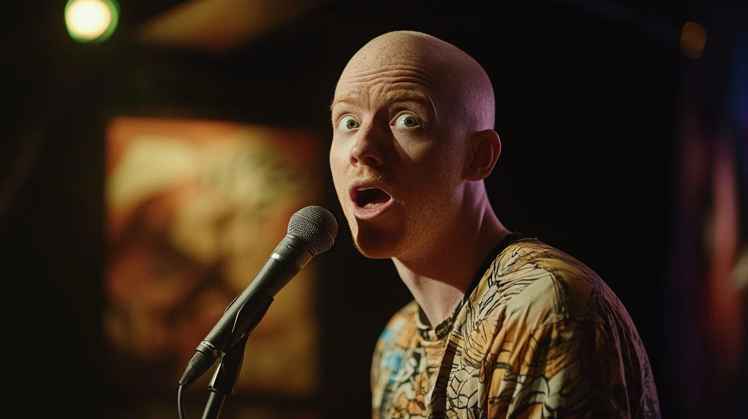LGBTQ+ comedian 2025 performing live on stage with expressive facial reaction and microphone.