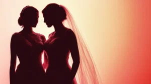 Two lesbian brides in silhouette, wearing elegant wedding gowns with lace details, softly lit in a romantic red-orange gradient background.