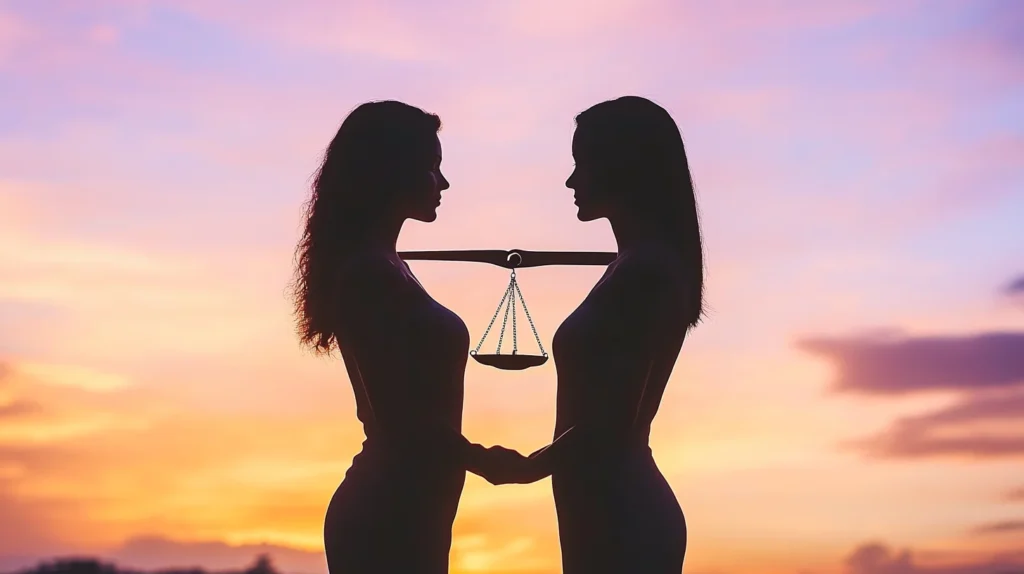 Two women holding hands with justice scales between them at sunset, symbolizing equality, balance, and legal aspects of lesbian relationships.
