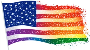 Stylized American flag blending into LGBTQ+ rainbow colors with stars.