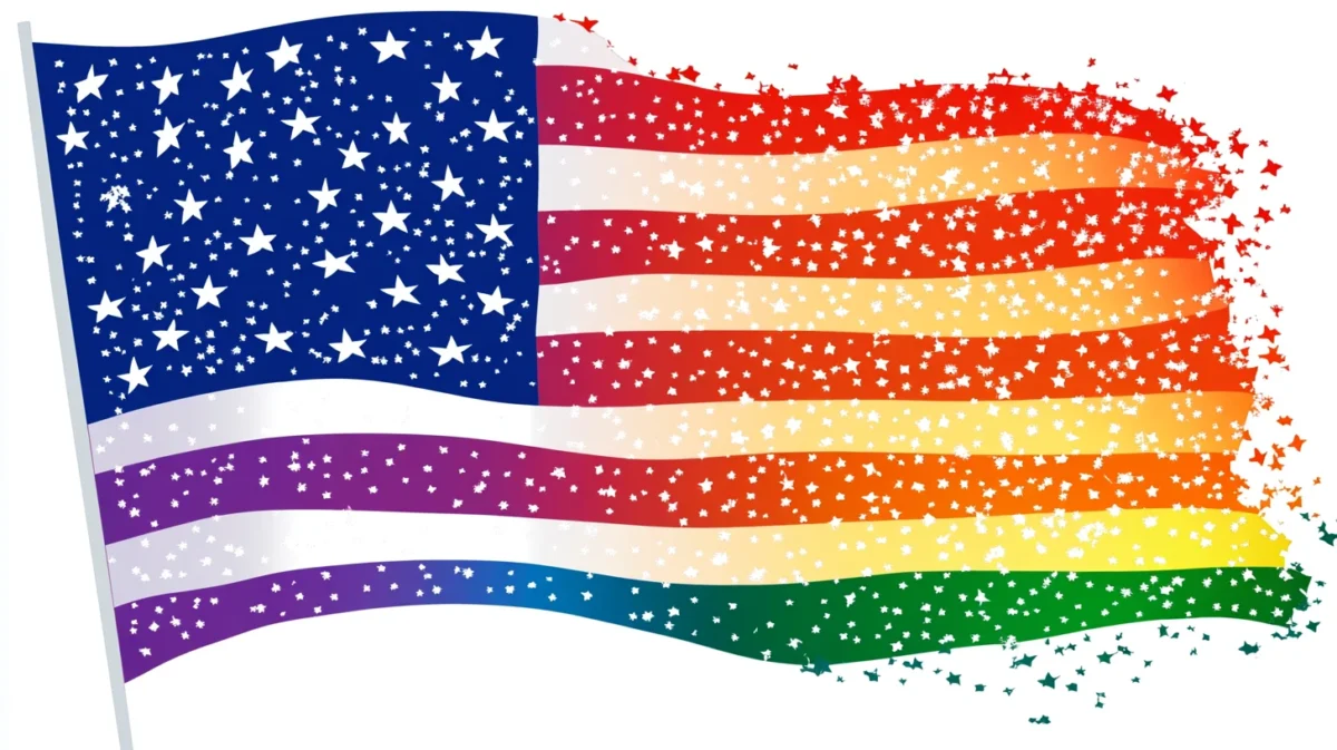 Stylized American flag blending into LGBTQ+ rainbow colors with stars.