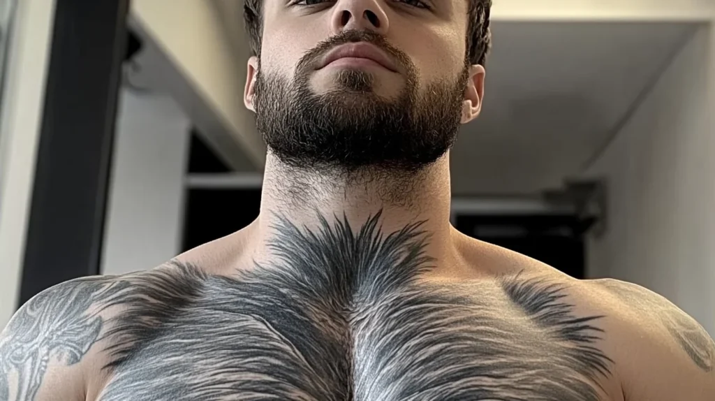 transgender man with chest tattoo close-up