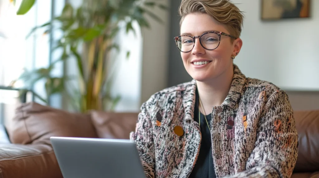 Smiling LGBTQ+ individual sitting on a couch using a laptop for online therapy