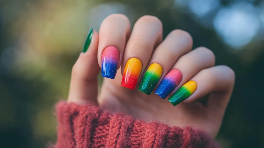 Glossy square-shaped rainbow nails featuring gradient ombré colors from pink to blue, yellow to green, styled for the 2025 nail trend.