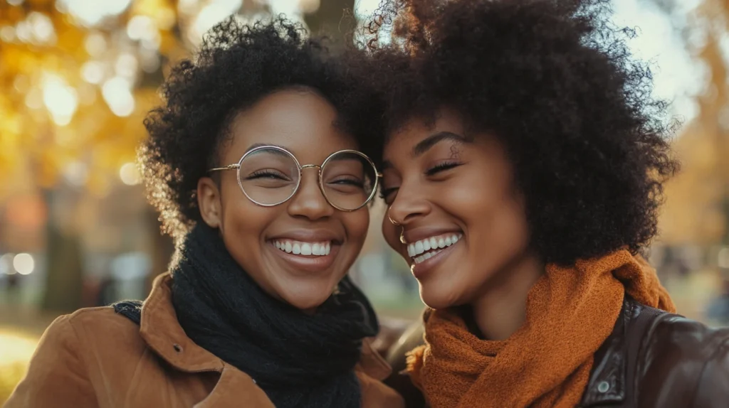 Black lesbian couple enjoying a walk in the park