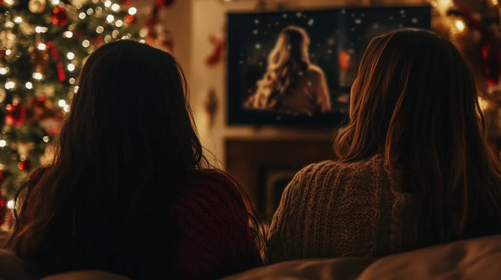 Lesbian couple watching Hallmark holiday movie