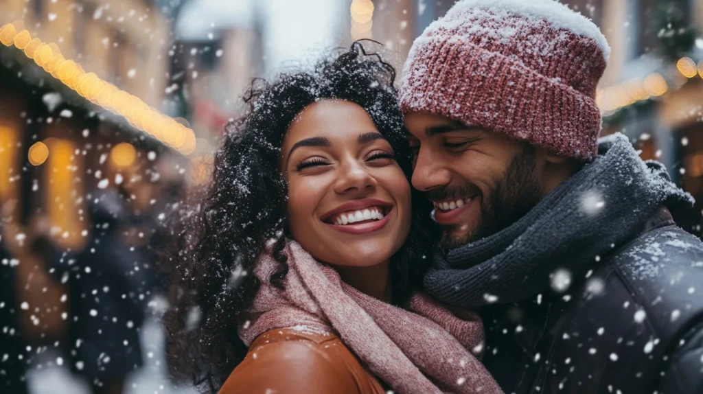 Lesbian couple in Hallmark-style romantic winter setting